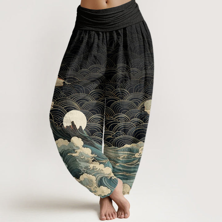 Pantalones harén con cintura elástica para mujer, con estampado de Buddha Stones, olas, luna y montaña - Negro - US22，UK/AU26，EU54 (6XL) - image 1