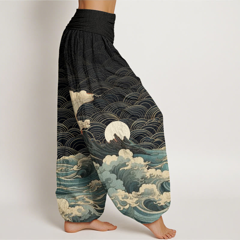 Pantalones harén con cintura elástica para mujer, con estampado de Buddha Stones, olas, luna y montaña - image 2