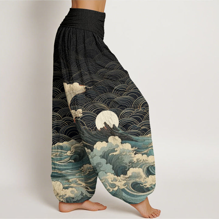 Pantalones harén con cintura elástica para mujer, con estampado de Buddha Stones, olas, luna y montaña - image 2