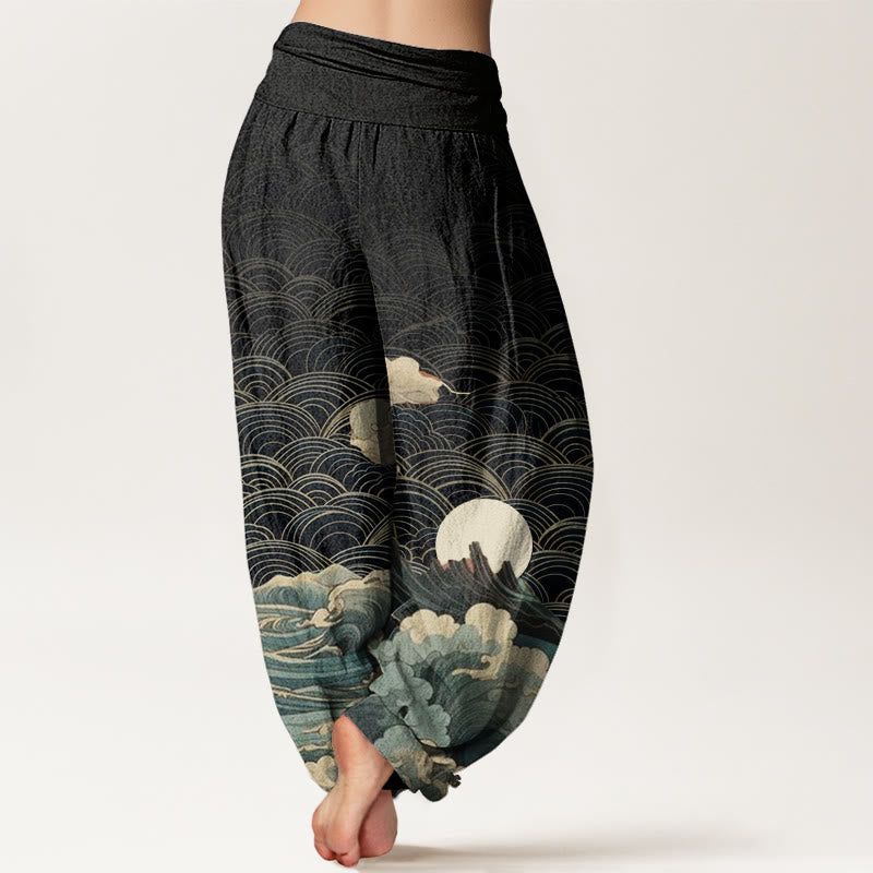 Pantalones harén con cintura elástica para mujer, con estampado de Buddha Stones, olas, luna y montaña - image 3