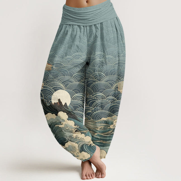 Pantalones harén con cintura elástica para mujer, con estampado de Buddha Stones, olas, luna y montaña - Celeste - US22，UK/AU26，EU54 (6XL) - image 5