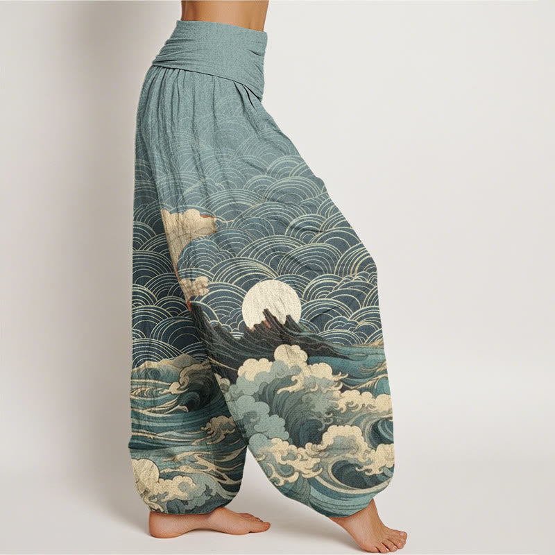 Pantalones harén con cintura elástica para mujer, con estampado de Buddha Stones, olas, luna y montaña - image 6