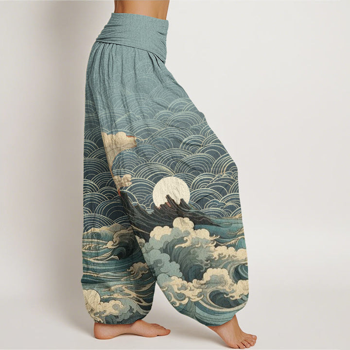 Pantalones harén con cintura elástica para mujer, con estampado de Buddha Stones, olas, luna y montaña - image 6