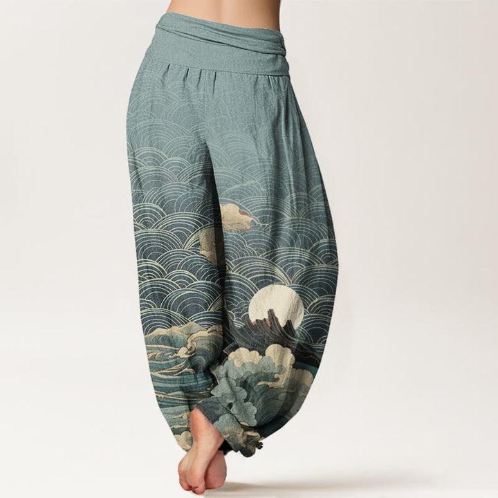 Pantalones harén con cintura elástica para mujer, con estampado de Buddha Stones, olas, luna y montaña - image 7