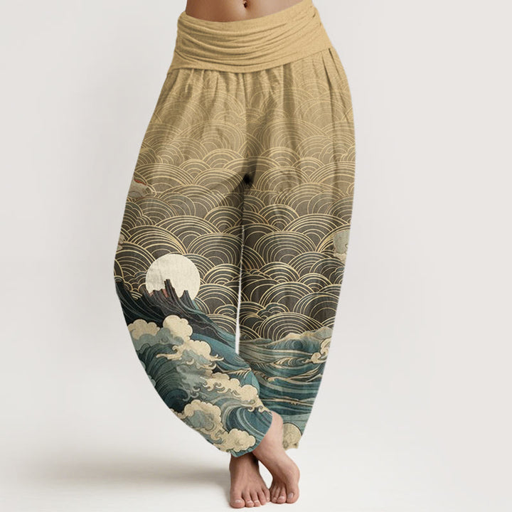 Pantalones harén con cintura elástica para mujer, con estampado de Buddha Stones, olas, luna y montaña - Trigo - US22，UK/AU26，EU54 (6XL) - image 8