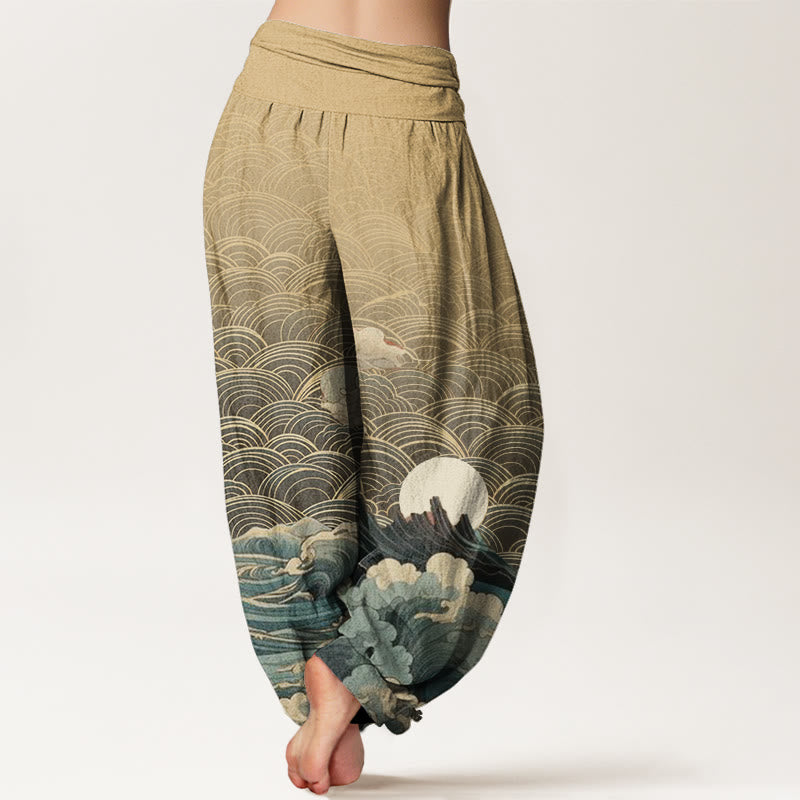 Pantalones harén con cintura elástica para mujer, con estampado de Buddha Stones, olas, luna y montaña - image 10