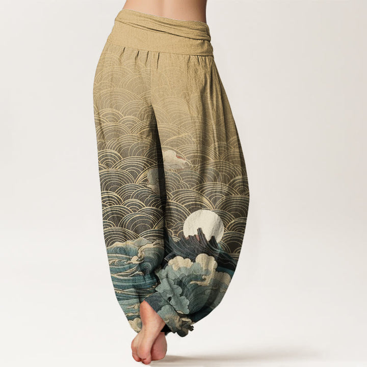 Pantalones harén con cintura elástica para mujer, con estampado de Buddha Stones, olas, luna y montaña - image 10