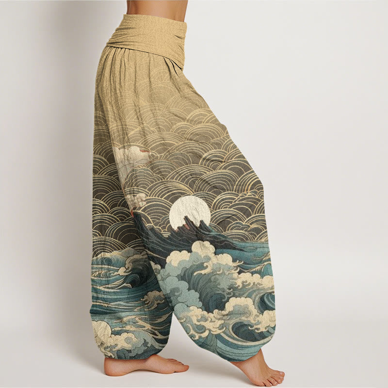 Pantalones harén con cintura elástica para mujer, con estampado de Buddha Stones, olas, luna y montaña - image 9