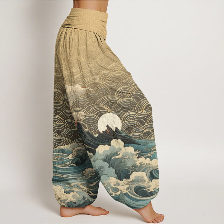Pantalones harén con cintura elástica para mujer, con estampado de Buddha Stones, olas, luna y montaña - image 9