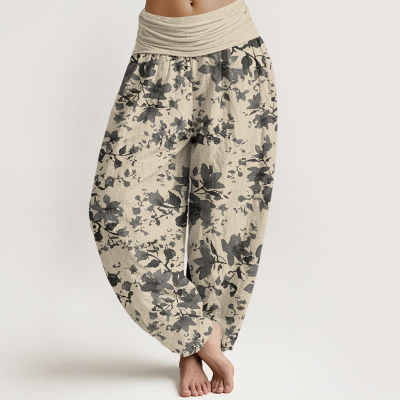 Pantalones harén con cintura elástica para mujer con diseño de hojas y piedras de Buddha Stones - Beige - US22，UK/AU26，EU54 (6XL) - image 1