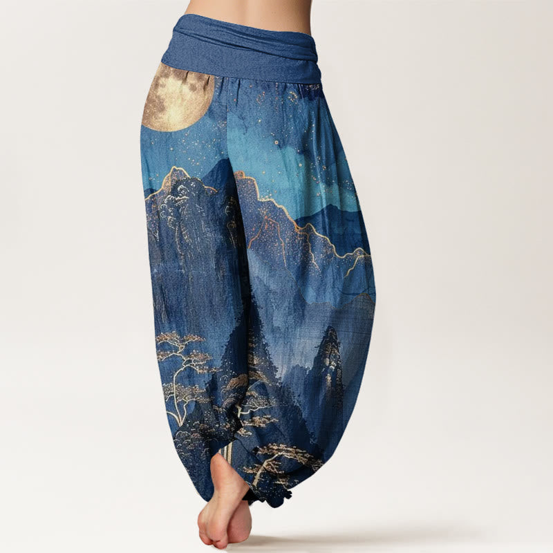 Pantalones harén con cintura elástica para mujer, con estampado de Buddha Stones , luna llena, montañas, árboles y río - image 3