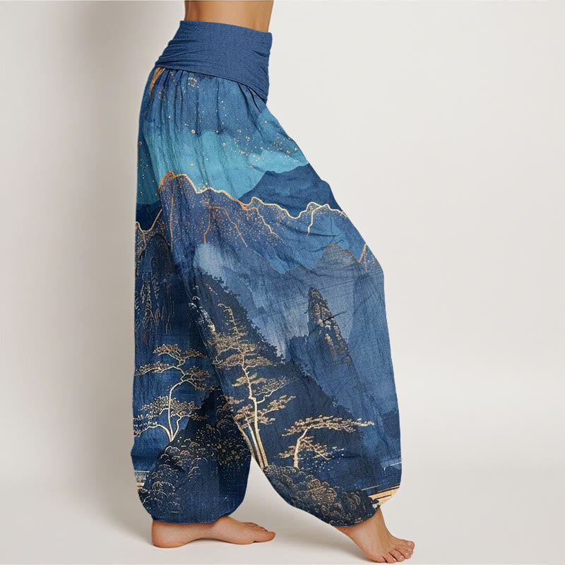 Pantalones harén con cintura elástica para mujer, con estampado de Buddha Stones , luna llena, montañas, árboles y río - image 2