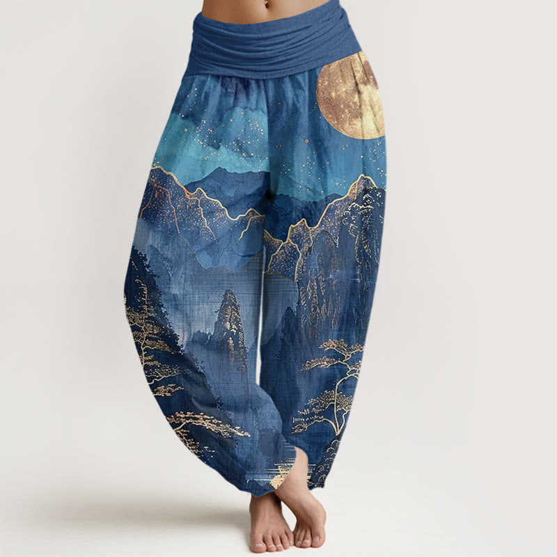 Pantalones harén con cintura elástica para mujer, con estampado de Buddha Stones , luna llena, montañas, árboles y río - Azul acero - US22，UK/AU26，EU54 (6XL) - image 1