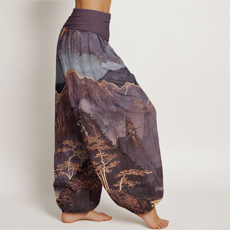 Pantalón tipo harem de cintura elástica para mujer, de algodón, estilo casual, con estampado de Buddha Stones , luna llena, montañas, árboles y río. - image 5