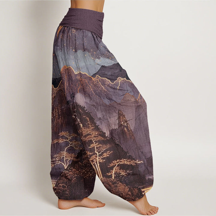 Pantalón tipo harem de cintura elástica para mujer, de algodón, estilo casual, con estampado de Buddha Stones , luna llena, montañas, árboles y río. - image 5