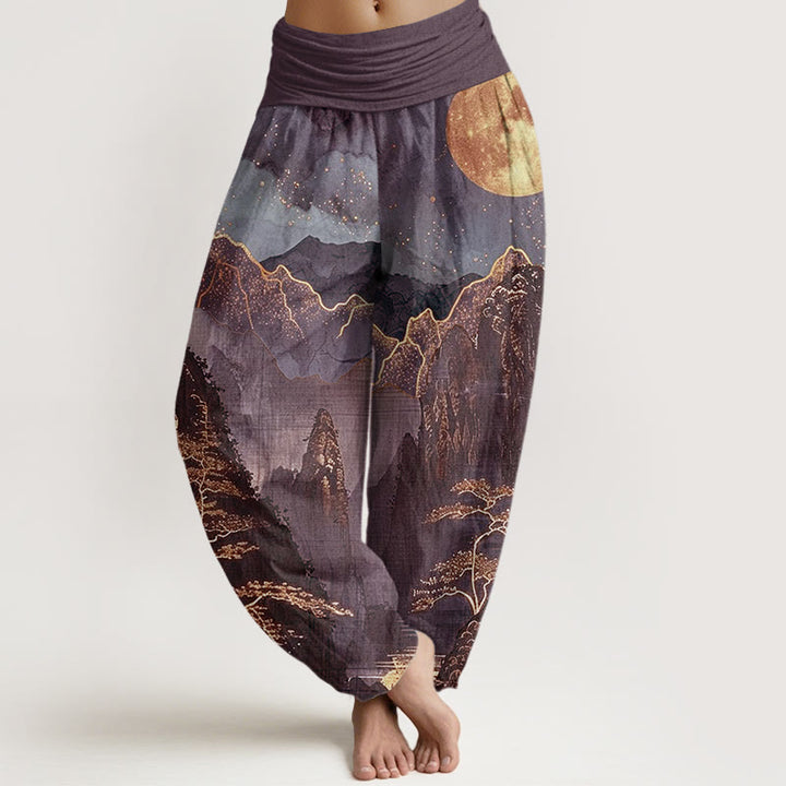 Pantalones harén con cintura elástica para mujer, con estampado de Buddha Stones , luna llena, montañas, árboles y río - Magenta oscuro - US22，UK/AU26，EU54 (6XL) - image 5
