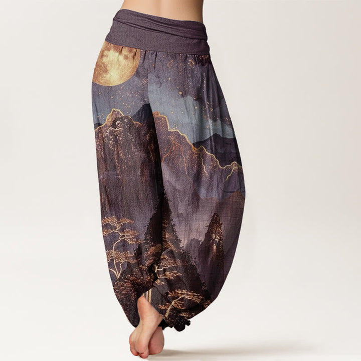 Pantalón tipo harem de cintura elástica para mujer, de algodón, estilo casual, con estampado de Buddha Stones , luna llena, montañas, árboles y río. - image 6