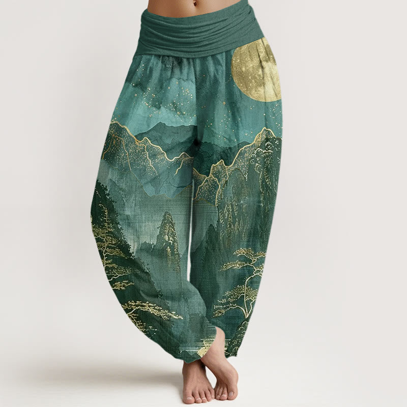 Pantalón tipo harem de cintura elástica para mujer, de algodón, estilo casual, con estampado de Buddha Stones , luna llena, montañas, árboles y río. - cian oscuro - US22，UK/AU26，EU54 (6XL) - image 7