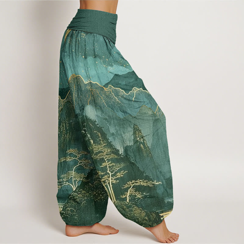Pantalones harén con cintura elástica para mujer, con estampado de Buddha Stones , luna llena, montañas, árboles y río - image 9