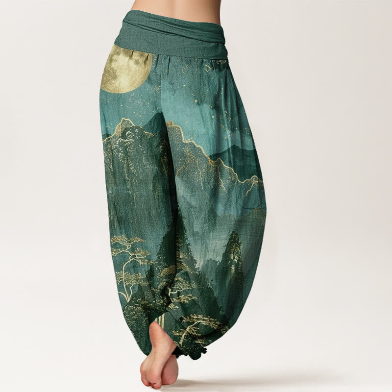 Pantalones harén con cintura elástica para mujer, con estampado de Buddha Stones , luna llena, montañas, árboles y río - image 10