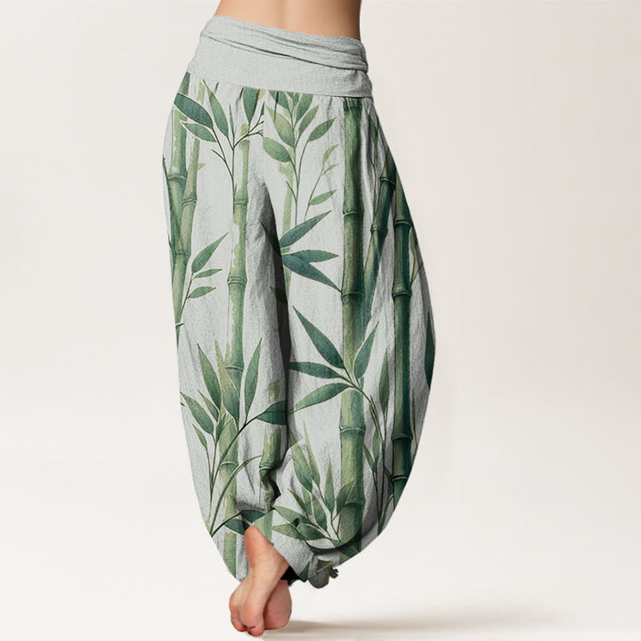 Pantalones harén de cintura elástica para mujer con estampado de hojas de bambú y Buddha Stones - image 3