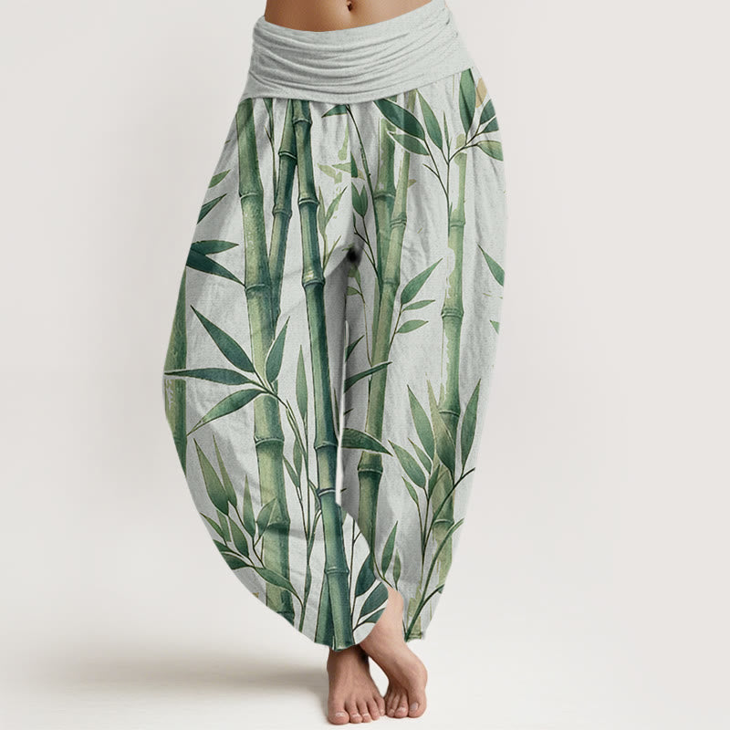 Pantalones harén de cintura elástica para mujer con estampado de hojas de bambú y Buddha Stones - Crema de menta - US22，UK/AU26，EU54 (6XL) - image 1