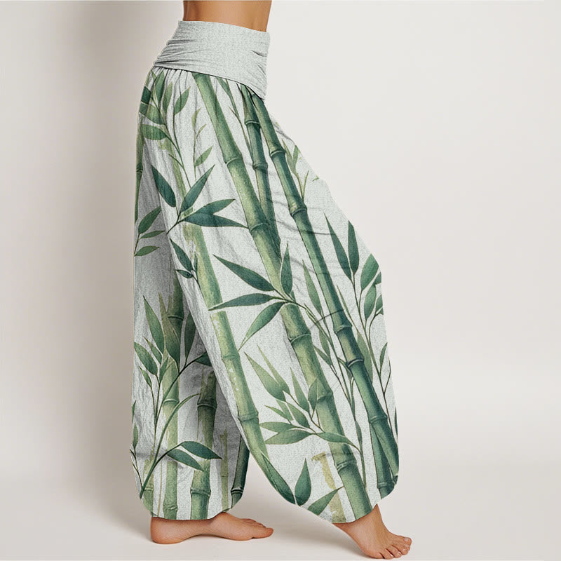 Pantalones harén de cintura elástica para mujer con estampado de hojas de bambú y Buddha Stones - image 2