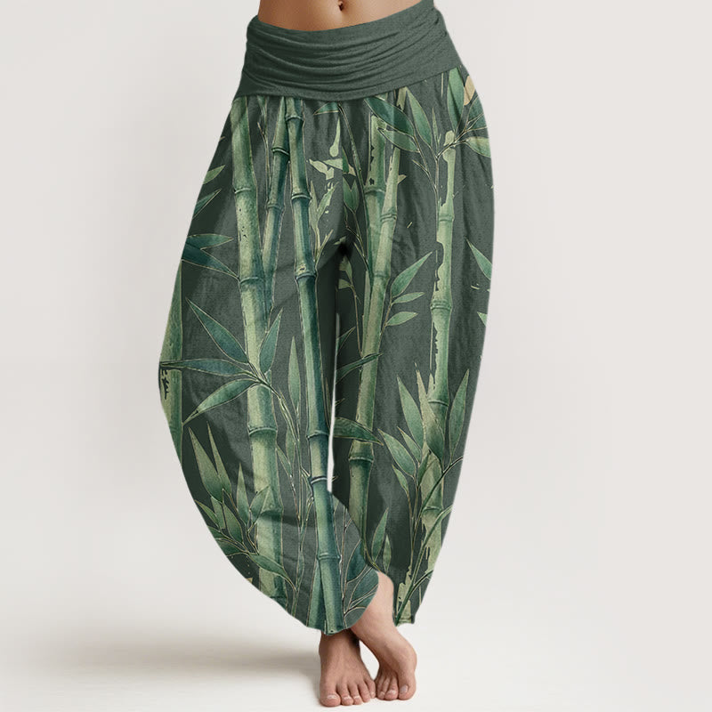Pantalones harén de cintura elástica para mujer con estampado de hojas de bambú y Buddha Stones - Verde oscuro - US22，UK/AU26，EU54 (6XL) - image 5