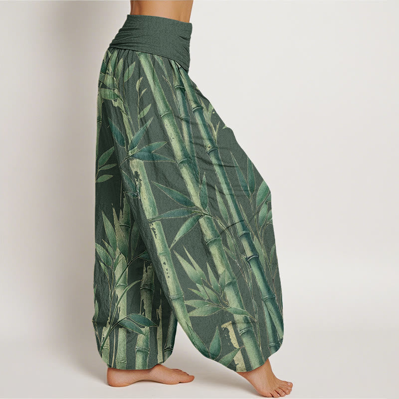Pantalones harén de cintura elástica para mujer con estampado de hojas de bambú y Buddha Stones - image 6
