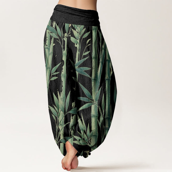 Pantalones harén de cintura elástica para mujer con estampado de hojas de bambú y Buddha Stones - image 10