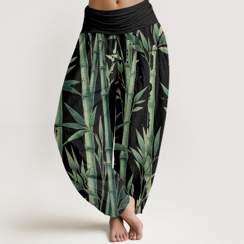 Pantalones harén de cintura elástica para mujer con estampado de hojas de bambú y Buddha Stones - Negro - US22，UK/AU26，EU54 (6XL) - image 8