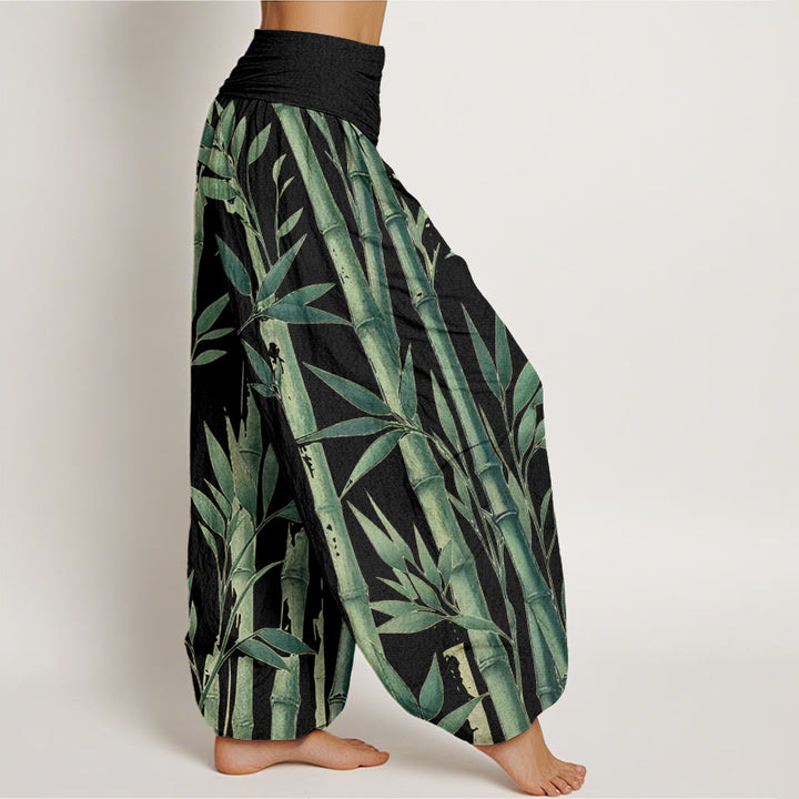 Pantalones harén de cintura elástica para mujer con estampado de hojas de bambú y Buddha Stones - image 9