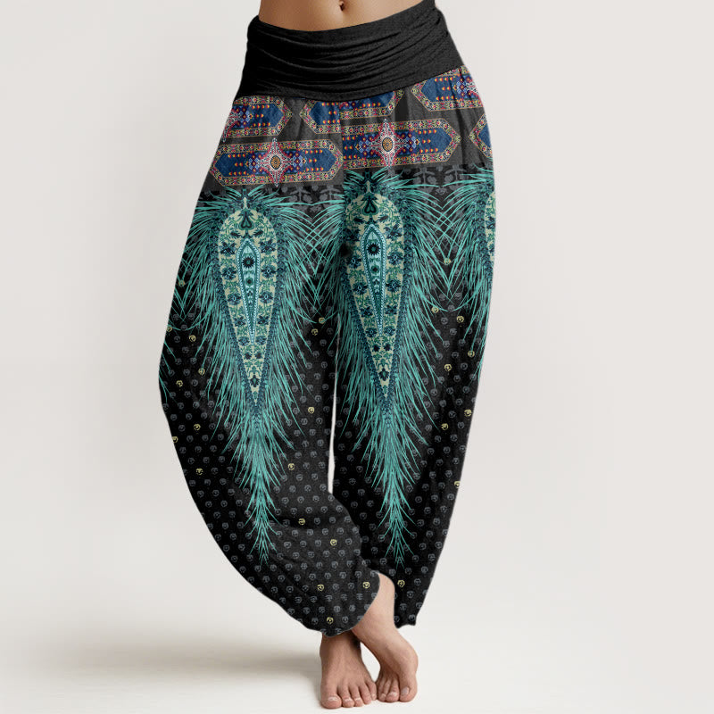 Pantalones harén de cintura elástica para mujer con diseño de plumas de inspiración bohemia y Buddha Stones - Negro - US22，UK/AU26，EU54 (6XL) - image 1