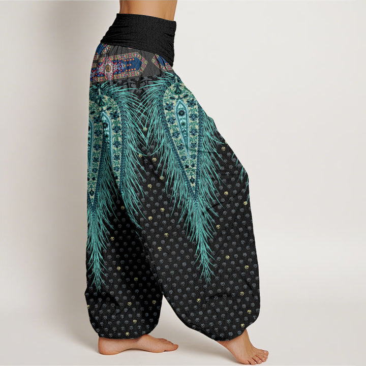 Pantalones harén de cintura elástica para mujer con diseño de plumas de inspiración bohemia y Buddha Stones - image 3