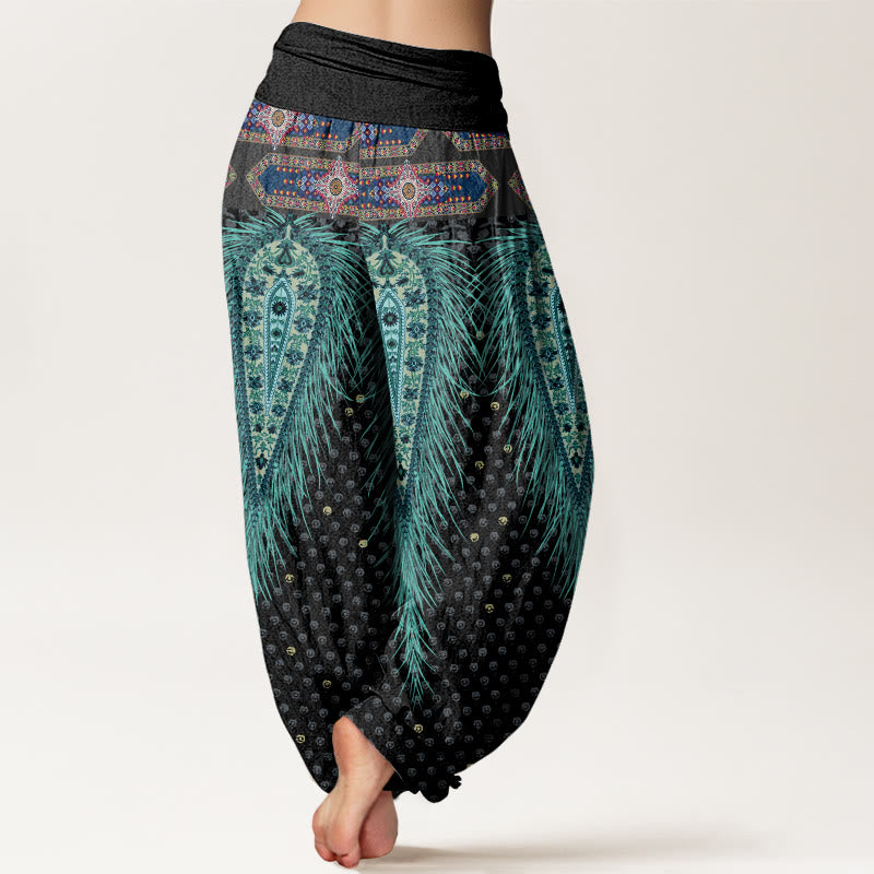 Pantalones harén de cintura elástica para mujer con diseño de plumas de inspiración bohemia y Buddha Stones - image 2