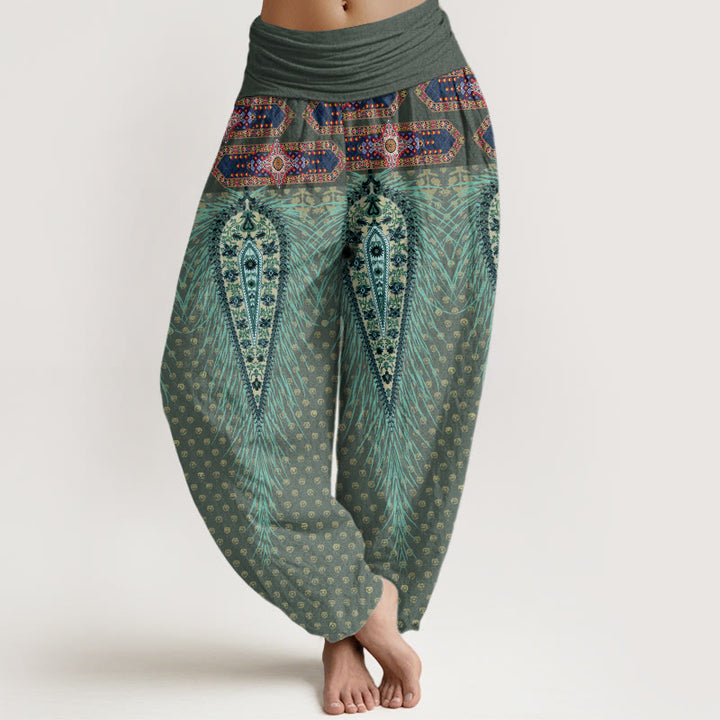 Pantalones harén de cintura elástica para mujer con diseño de plumas de inspiración bohemia y Buddha Stones - Verde mar oscuro - US22，UK/AU26，EU54 (6XL) - image 5