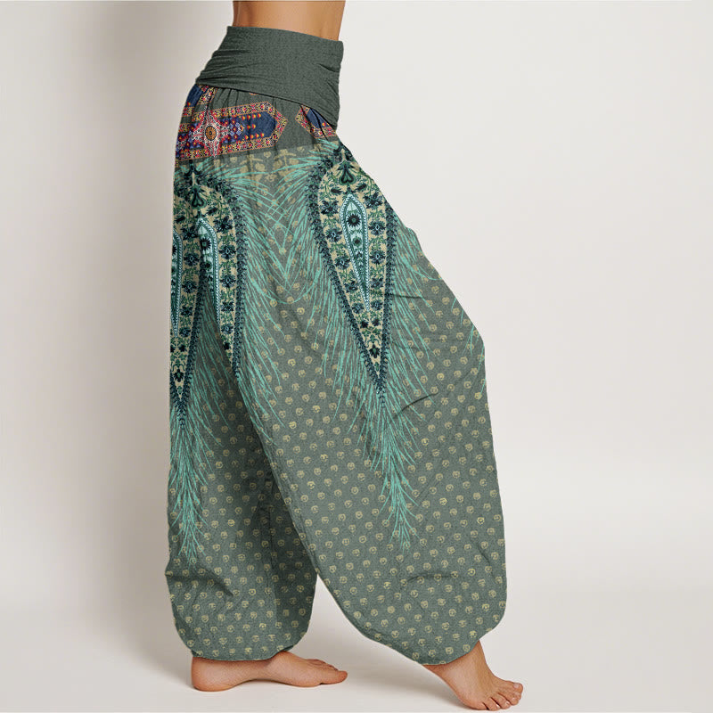 Pantalones harén de cintura elástica para mujer con diseño de plumas de inspiración bohemia y Buddha Stones - image 7