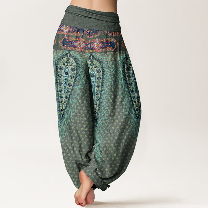 Pantalones harén de cintura elástica para mujer con diseño de plumas de inspiración bohemia y Buddha Stones - image 6