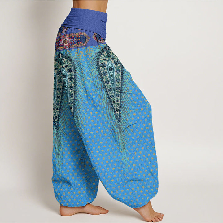 Pantalones harén de cintura elástica para mujer con diseño de plumas de inspiración bohemia y Buddha Stones - image 10