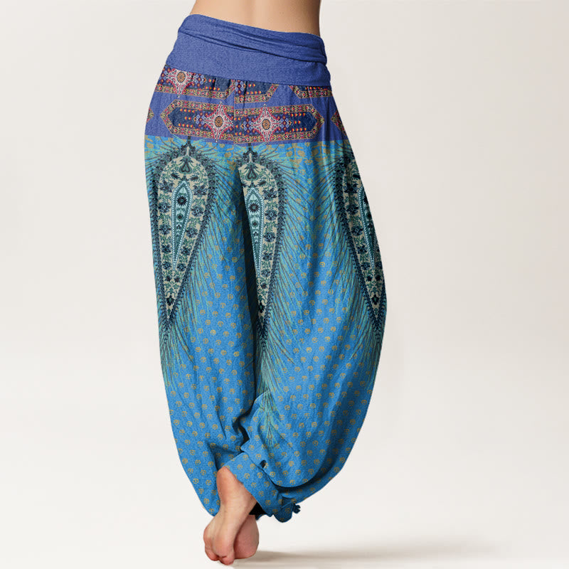 Pantalones harén de cintura elástica para mujer con diseño de plumas de inspiración bohemia y Buddha Stones - image 9