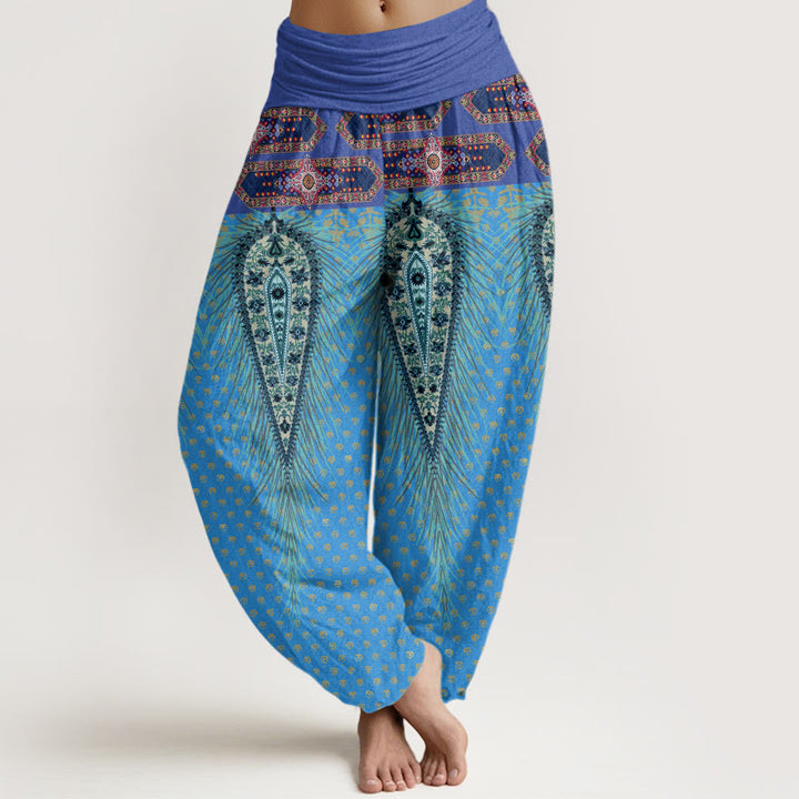 Pantalones harén de cintura elástica para mujer con diseño de plumas de inspiración bohemia y Buddha Stones - DodgerBlue - US22，UK/AU26，EU54 (6XL) - image 8