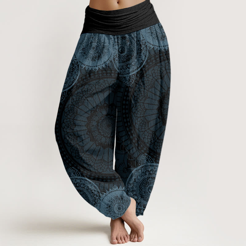 Pantalones bombachos de cintura elástica para mujer con diseño de mandala circular de algodón y Buddha Stones - Gris - US22，UK/AU26，EU54 (6XL) - image 4