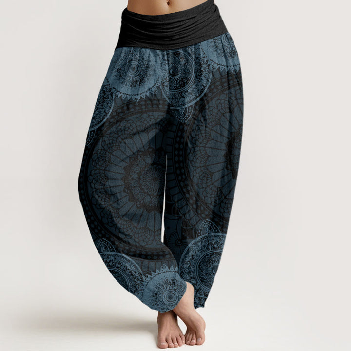 Pantalones bombachos de cintura elástica para mujer con diseño de mandala circular de algodón y Buddha Stones - Gris - US22，UK/AU26，EU54 (6XL) - image 4