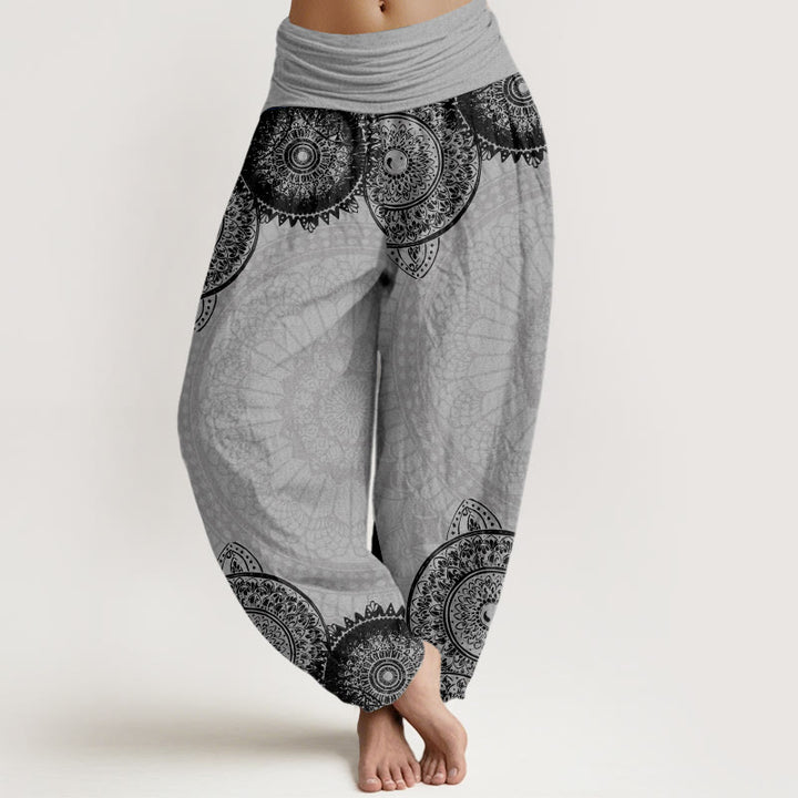 Pantalones harén con cintura elástica para mujer con diseño de mandala circular y Buddha Stones - Gris claro - US22，UK/AU26，EU54 (6XL) - image 8