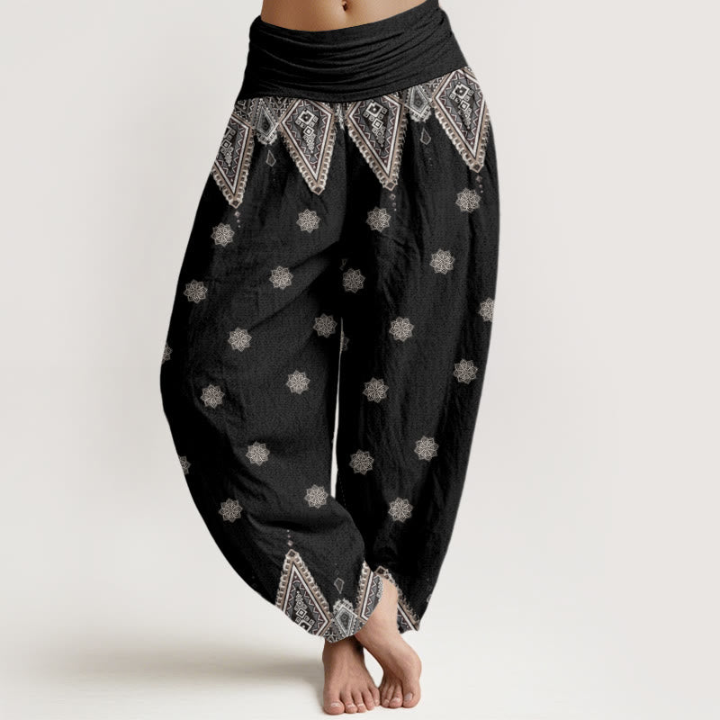 Pantalones harén con cintura elástica para mujer, diseño floral geométrico bohemio con Buddha Stones - Negro - US22，UK/AU26，EU54 (6XL) - image 1