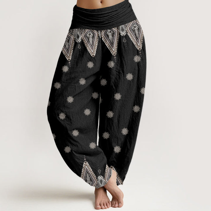 Pantalones harén con cintura elástica para mujer, diseño floral geométrico bohemio con Buddha Stones - Negro - US22，UK/AU26，EU54 (6XL) - image 1