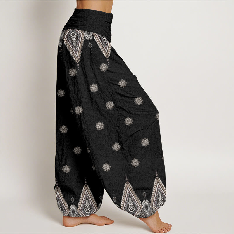 Pantalones harén con cintura elástica para mujer, diseño floral geométrico bohemio con Buddha Stones - image 3