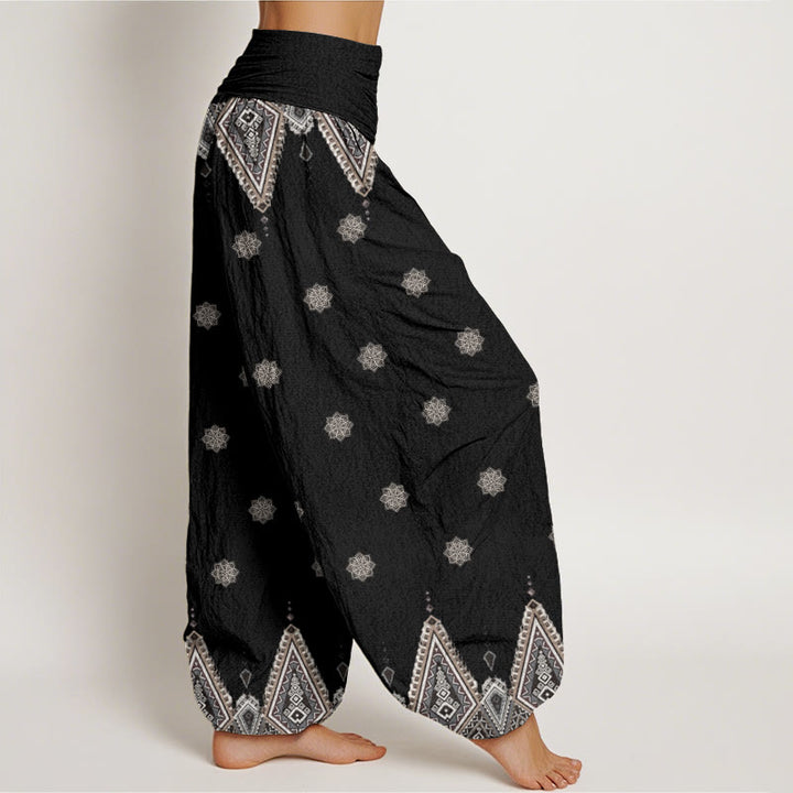 Pantalones harén con cintura elástica para mujer, diseño floral geométrico bohemio con Buddha Stones - image 3