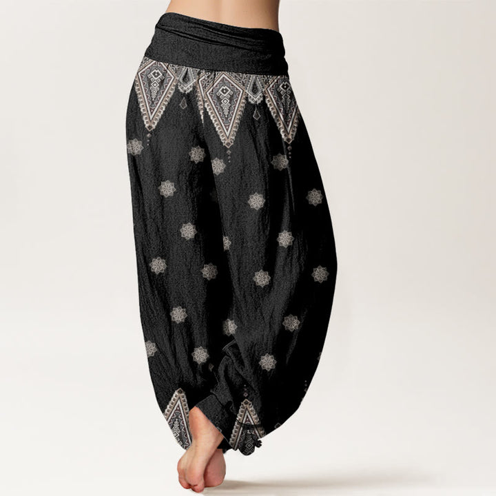 Pantalones bombachos de mujer con cintura elástica, estampado floral geométrico bohemio de algodón con Buddha Stones - image 1