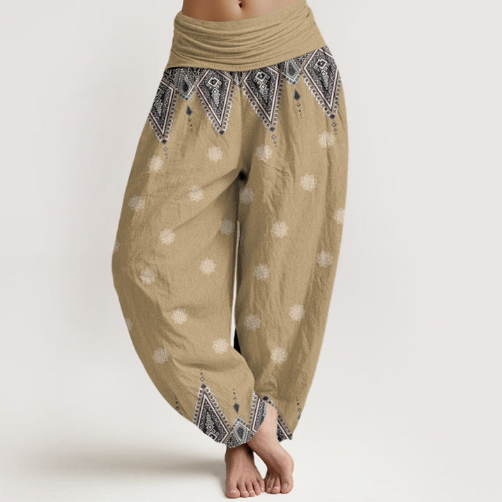 Pantalones harén con cintura elástica para mujer, diseño floral geométrico bohemio con Buddha Stones - Vara de oro pálida - US22，UK/AU26，EU54 (6XL) - image 5